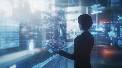 Businessman standing in futuristic control room analyzing data