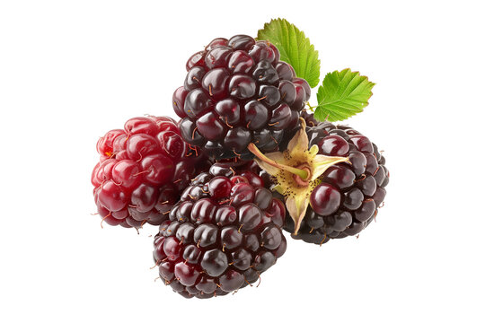 Fresh ripe tayberry or loganberry with green leaves, isolated on a white transparent background. Concept of healthy eating, summer fruits, and organic food