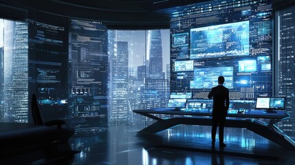 Businessman standing in futuristic control room analyzing data