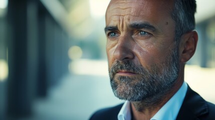 Businessman with a contemplative expression in an urban setting