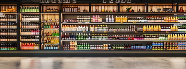 Supermarket aisle with beverages and alcohol bottles on display