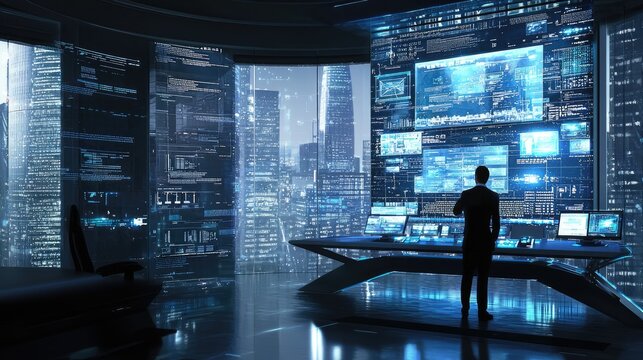 Businessman standing in futuristic control room analyzing data