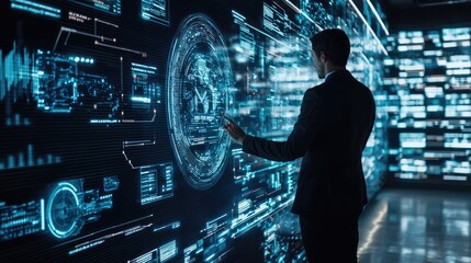 Businessman standing in futuristic control room analyzing data