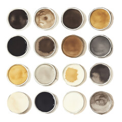Set of coffee stains and spills. Watercolor illustration from top view, isolated on white background.

