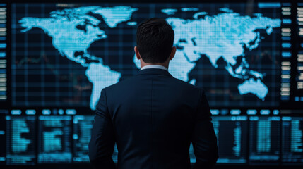 Businessman analyzes world map data on large digital screen, focusing on global trends and financial information