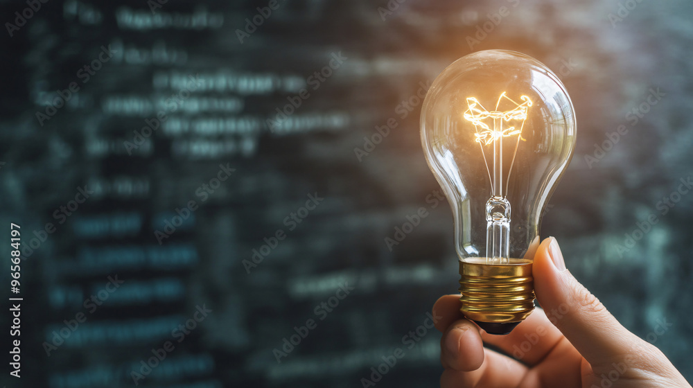 Poster programmer holding a glowing light bulb in front of a blackboard with code, signifying a fresh conce