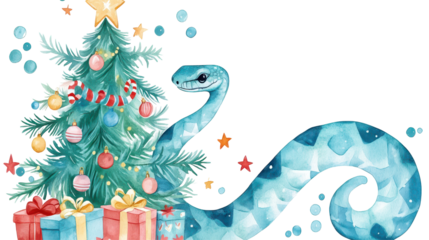 Two green snakes surrounding a decorated Christmas tree with ornaments, presents, and stars. Watercolor illustration.

