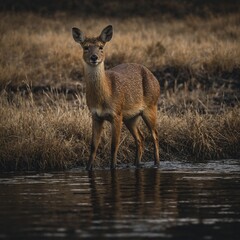 Fototapeta premium The water deer is a small, semi-aquatic deer native to East Asia, particularly China and Korea. It is known for its distinctive long, tusk-like canine teeth that protrude from its upper jaw. Water dee