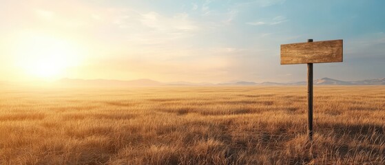 Sunset over a golden field with a wooden signpost pointing the way amidst soft, rolling hills.