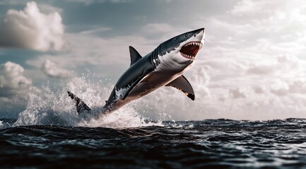 Naklejka premium Un grand requin blanc sautant hors de l'eau, la gueule ouverte, ciel nuageux laissant traverser la lumière du soleil.
