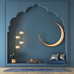 Ramadan crescent on modern blue wall background. Design creative concept of islamic celebration day ramadan kareem or eid al fitr adha, copy space text area, 3D illustration 