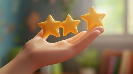 2D rendering of a cartoon hand presenting five stars symbolizing high ratings and customer feedback illustrating the theme of reviews and surveys