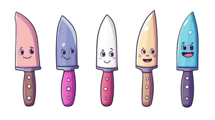 Adorable hand drawn cartoon mascot set of cute knives with facial expressions isolated on a white background