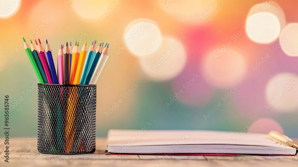 Poster colored pencils arranged in a metal pot on a wooden surface with a colorful blurred background and a