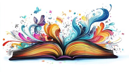 Cartoon illustration of an open book with whimsical designs and vibrant colors