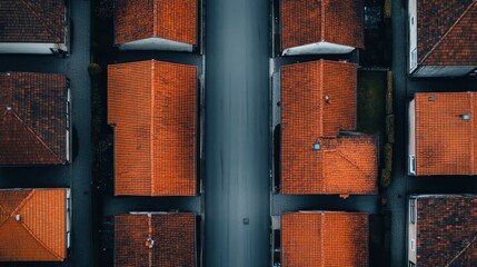 The image shows an aerial view of a street with red-roofed houses symmetrically aligned on both sides, emphasizing the linear arrangement and structural coherence in urban neighborhoods.