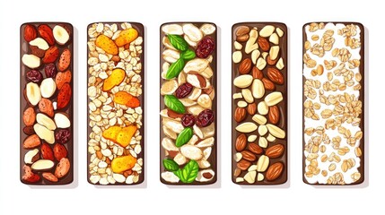 2D cartoon style illustration of muesli bars featuring healthy snacks Includes granola dried fruits nuts candied fruits and coconut Energy boosting muesli snack stickers