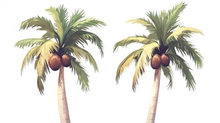 2D cartoon style illustration featuring isolated palm trees adorned with coconuts on a white background