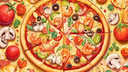 Top view illustration of a pizza featuring various fillings including seafood vegetables Hawaiian style chicken mushrooms and tomatoes representing traditional Italian cuisine