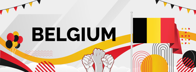 Belgium national day modern banner. Wide abstract banner with typography, raised hands and country flags. Illustration background celebrating national holidays and sporting events