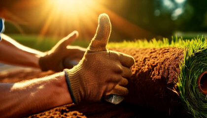 Close-up of the hands of a man with work gloves (male gardener) while laying a roller sod for a new garden lawn. Rolling or unrolling a turf, concept. Generative Ai.