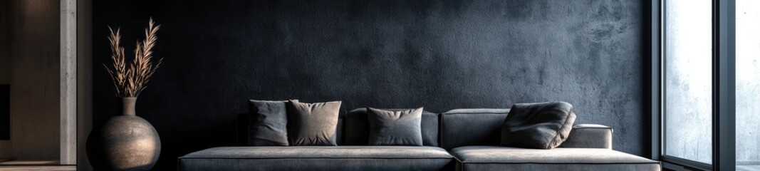 Black Living Room with Grey Couch and Vases in Organic Sculpting Style