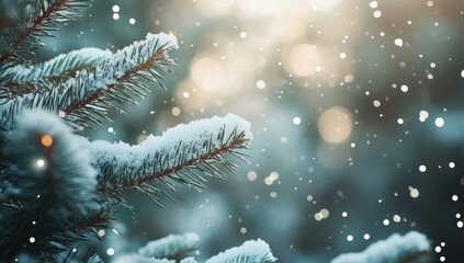 Abstract background featuring snow and fir branches with a winter scene, bokeh effect, and ample copy space for Christmas card design and winter nature concepts