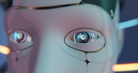 A futuristic humanoid robot illuminated by neon lights. The sleek design merges organic curves with...
