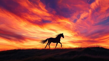 Silhouette of horse galloping at sunset, vibrant sky. Freedom and nature concept
