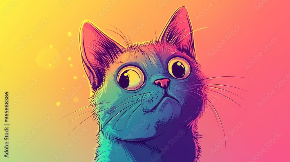 Wall mural Colorful gradient line illustration of a perplexed cartoon feline