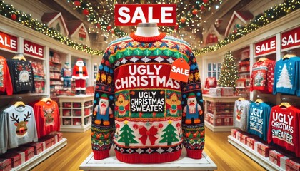 Naklejka premium In a lively holiday shop, vibrant ugly Christmas sweaters are showcased on a mannequin, surrounded by festive decorations and sale signage