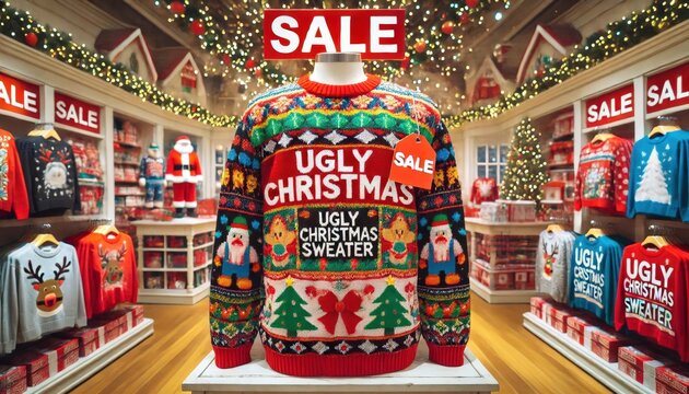 In a lively holiday shop, vibrant ugly Christmas sweaters are showcased on a mannequin, surrounded by festive decorations and sale signage