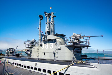 Fototapeta premium San francisco, California. August, 2024. USS Pampanito (SS-383), a Balao-class diesel-electric submarine in World War II service and ss jeremiah o'brien liberty ship on san francisco bay.