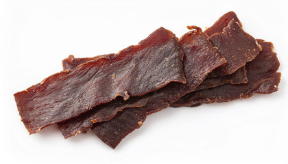 Dried beef and pork slices, beer snacks or dog treats on white background. Tasty food.