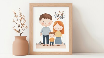 Charming family illustration in a cozy setting with decorative vases, perfect for home decor and children's rooms.