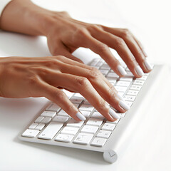 Closeup of male hands typing on computer keyboard. Focus on hands, white computer keyboard with hands typing, isolated on a white background, A person quickly types on a white laptop keyboard, 

