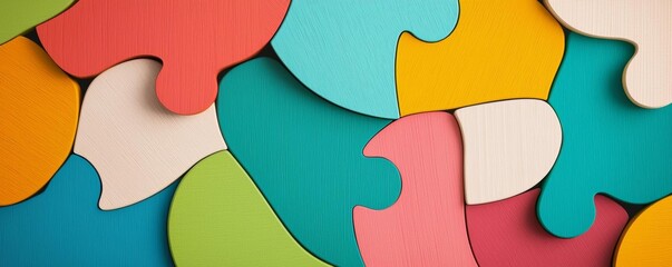 Colorful puzzle pieces arranged together, showcasing a vibrant blend of shapes and hues. Perfect for concepts of unity and challenge.