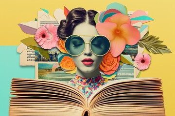 Retro Collages whit a book art publication sunglasses.