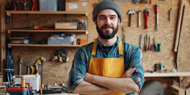 A smiling craftsman stands confidently in a workshop filled with tools, showcasing his passion for woodworking and craftsmanship.