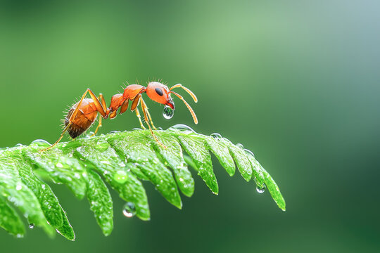 Macro shot of a bright orange ant delicately drinking water from a dew droplet on a vibrant green fern leaf in a natural environment. The beauty of nature's smallest creatures in detail. 