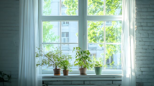 A Windowsill with Potted Plants and Sunlight Streaming Through a Window
