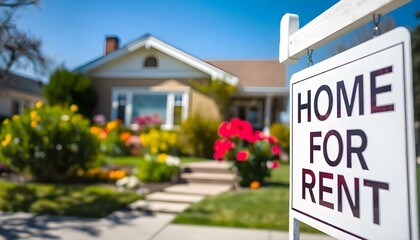 A home for rent sign with a blurred house behind it, real estate property house and home renting concept