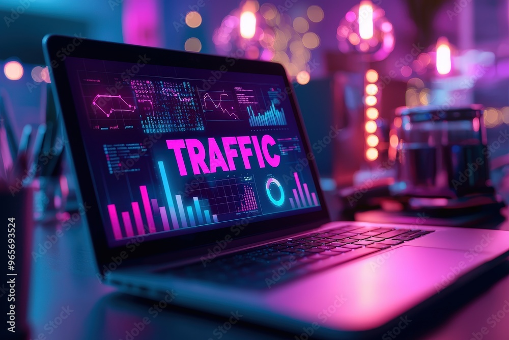 Poster the laptop showcases colorful traffic data, illuminated by ambient lighting in a contemporary office