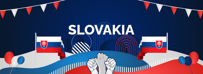 Slovakia national day modern banner. Wide abstract banner with typography, raised hands and country flags. Illustration background celebrating national holidays, Independence day and sporting events
