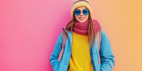 Fototapeta premium A young woman poses stylishly against a vibrant pink and orange wall, showcasing a trendy winter outfit with accessories.