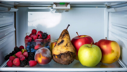 Spoiled, rotten, dried and moldy fruits. Apple, Banana, pear, plum, grape, apricot, quince, kiwi, avocado. Food storage conditions, refrigerator and preservation concept