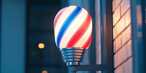 Classic barber pole with red, white, and blue stripes glowing outside a traditional barbershop at dusk, symbolizing timeless grooming services