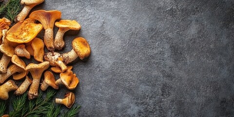 An overhead view of fresh chanterelle mushrooms on a rustic stone background, perfect for culinary and nature-themed projects.