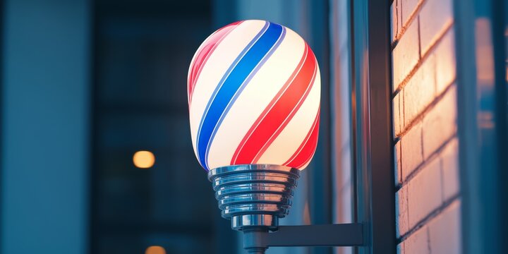 Classic barber pole with red, white, and blue stripes glowing outside a traditional barbershop at dusk, symbolizing timeless grooming services