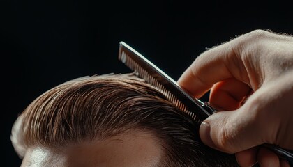 Close-up of a barber expertly cutting a mans hair with scissors, focusing on precision and skill, symbolizing professional grooming and classic hairstyling